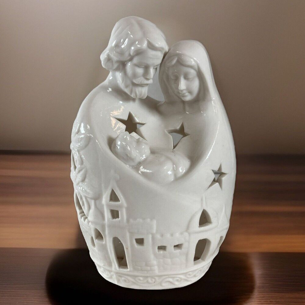 Christmas Nativity Scene Candle Holder Ceramic Sculpted Figurine Mary Jesus Vtg